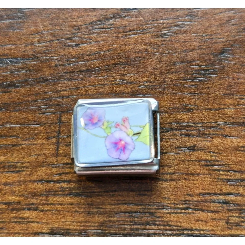 Purple Morning Glory Flower Italian Charm Stainless Steel 9mm Bracelet Link